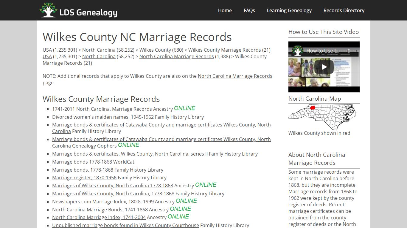 Wilkes County NC Marriage Records - LDS Genealogy